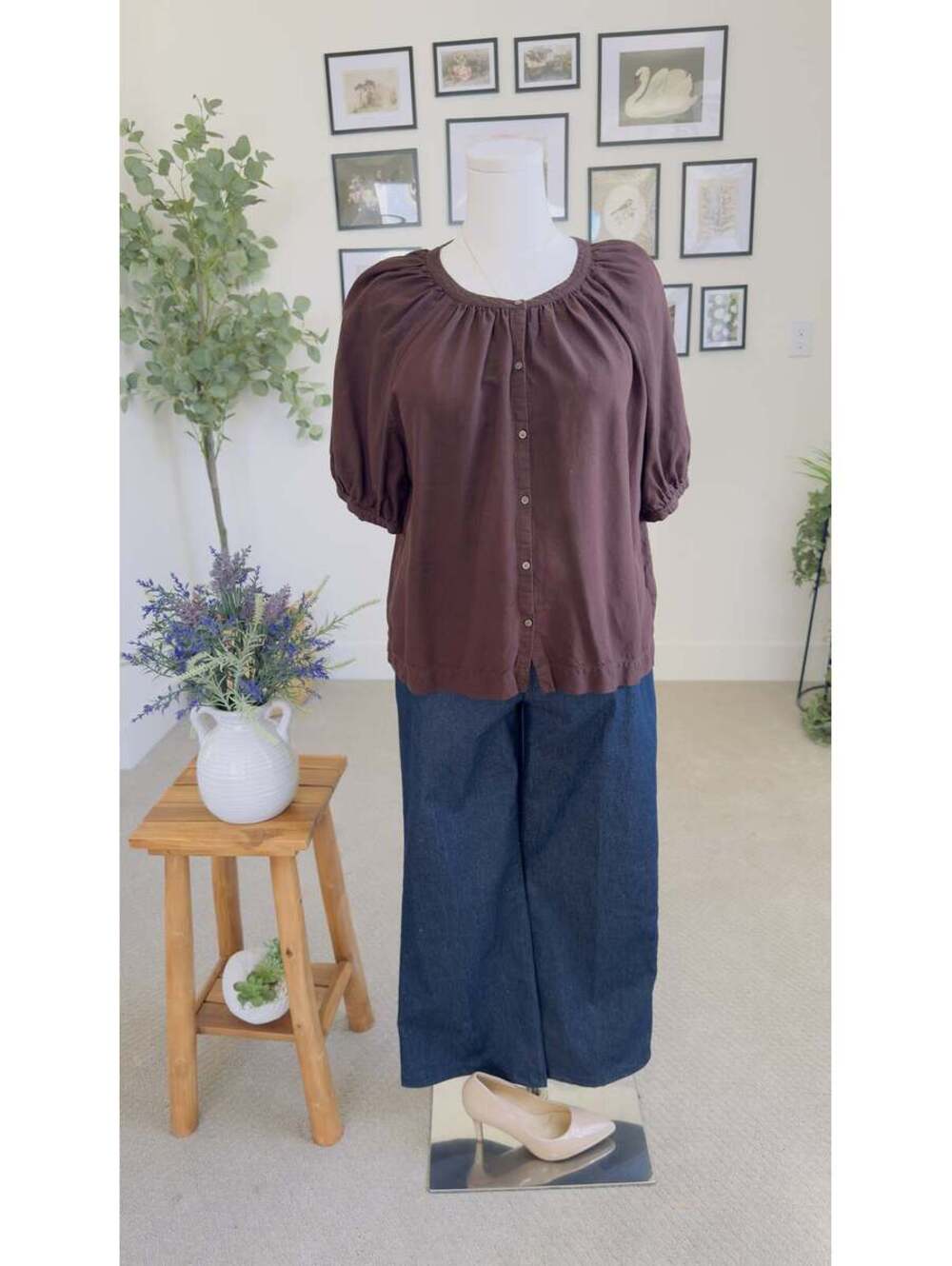 Uniqlo Linen Blend Gathered Puff  Blouse - Size XL